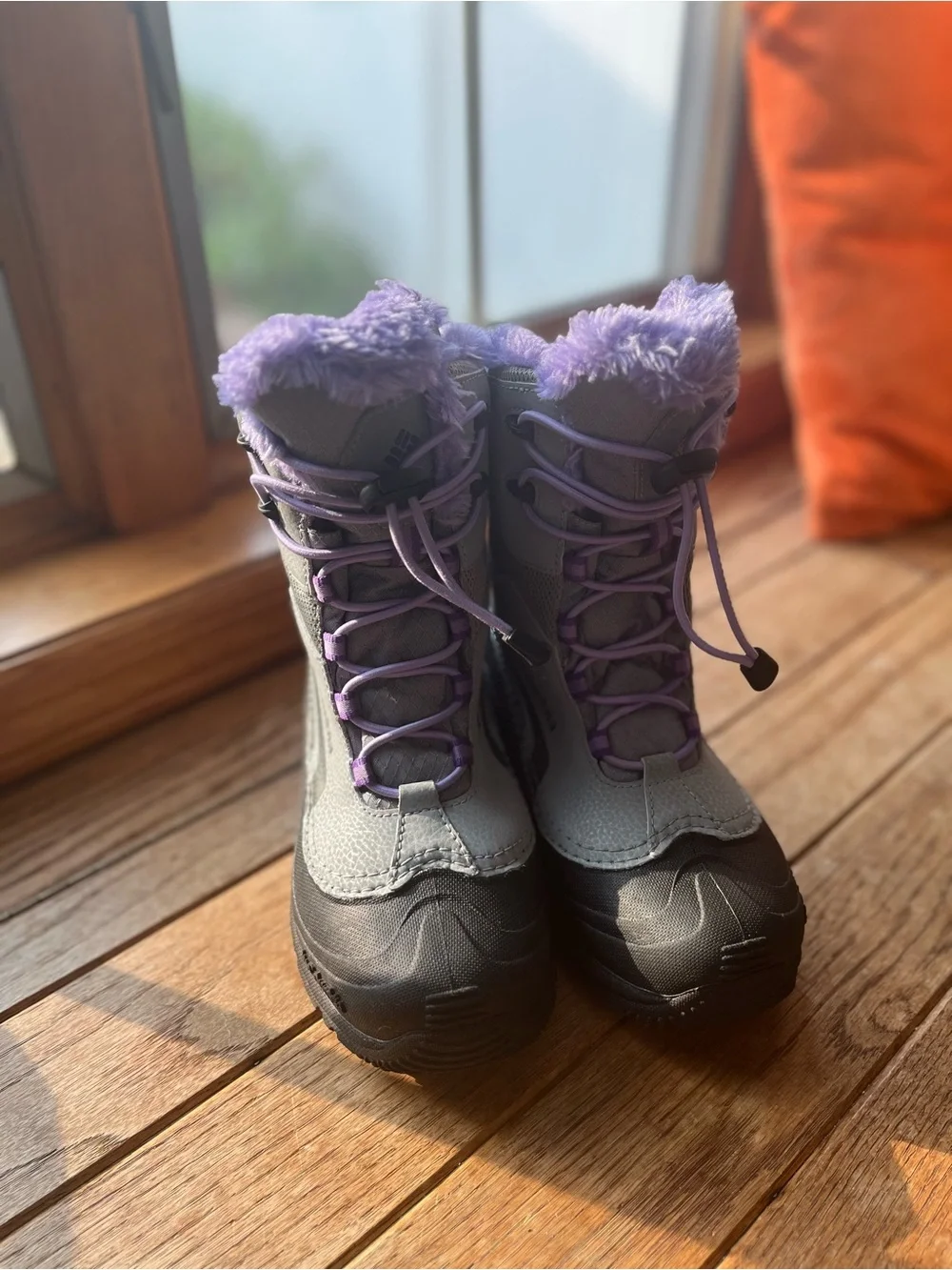 Kids Waterproof Snow Boots in Gray with Lavender Fur Trim